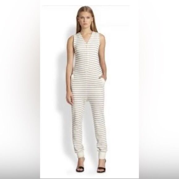 T Alexander Wang Stripe Jumpsuit textured ribbed snap button Small - Picture 1 of 11